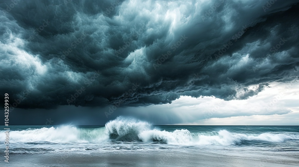 Obraz premium A dramatic seascape during a storm, with dark clouds and crashing waves, capturing the raw power of nature