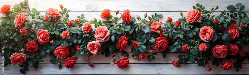 Many red roses that are on a wooden wall, plant background, banner Many red roses that are on a wooden wall, plant background, banner