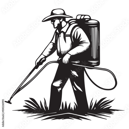 Farmer Using Traditional Sprayer for Pesticide Application in Hand-Drawn Woodcut Style