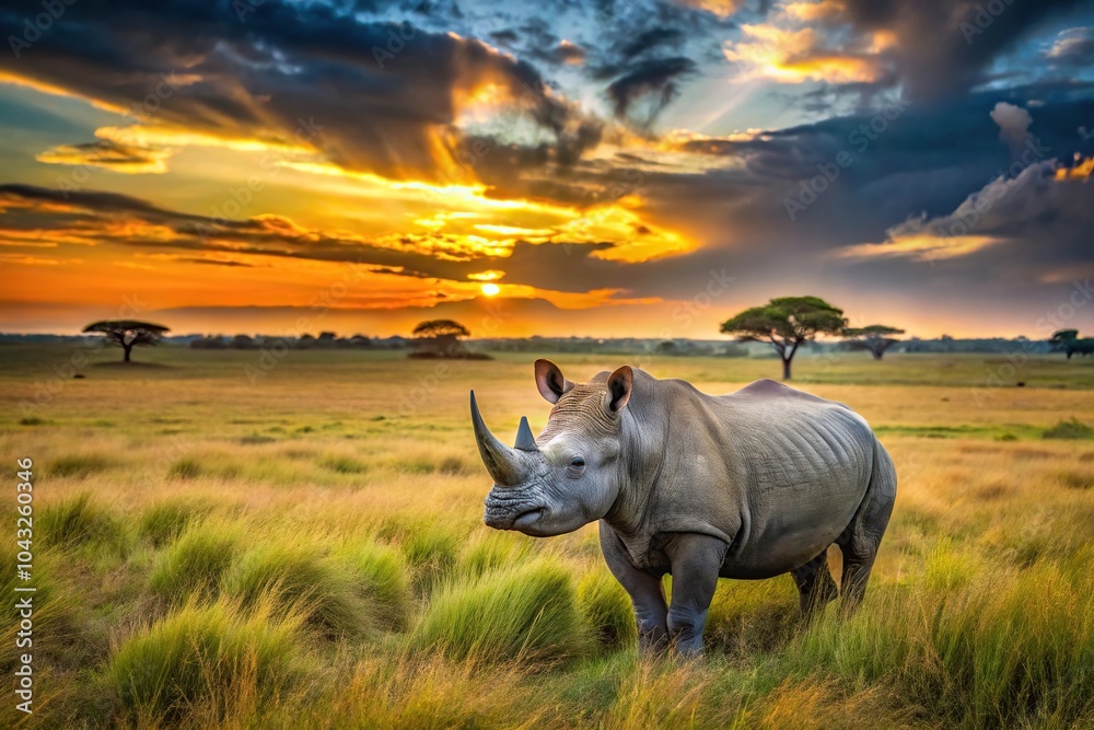 Rhinoceros in savanna at sunset Rhinoceros in savanna at sunset