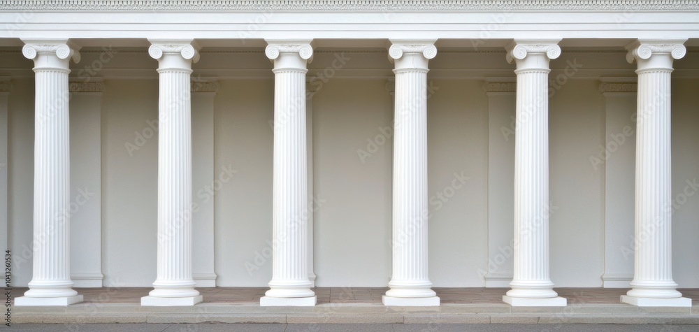 Fototapeta premium Minimalist Greek temple facade with six Doric columns, clean lines, and a white backdrop, highlighting classical architecture and symmetry