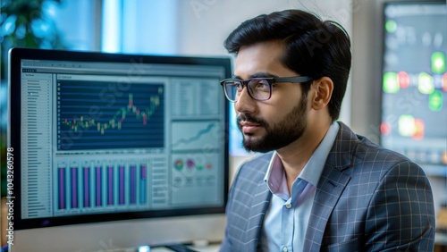 An Indian data scientist reviewing graphs and data models on a computer screen. 