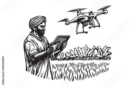  Indian Male Farmer Operating Drone for Precision Farming in Vintage Woodcut Style