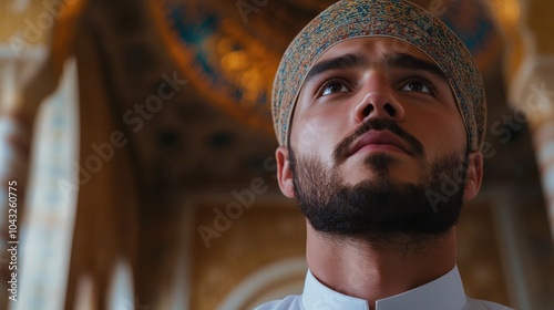 Closeup portrait of a Muslim man praying in Mosque