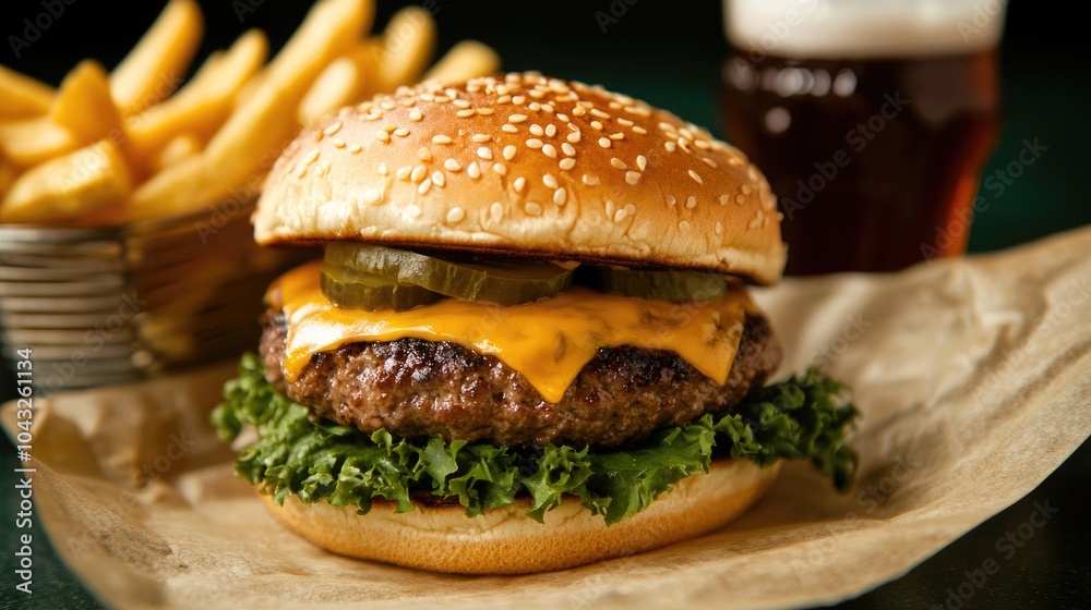 fast food on wooden tabletop. snack on the board: hamburger, french fries and tomato sauce fast food on wooden tabletop. snack on the board: hamburger, french fries and tomato sauce