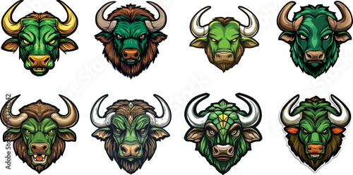 Colorful Illustrations of Various Bull Heads Showcasing Unique Designs and Styles