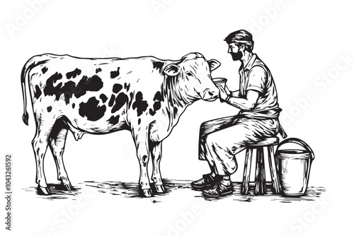  Indian Farmer Milking Cattle in Vintage Engraved Woodcut Style