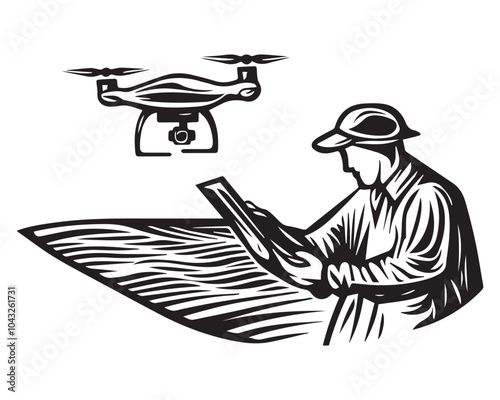 Farmer Using Drone for Crop Inspection in Detailed Vintage Hand-Drawn Style