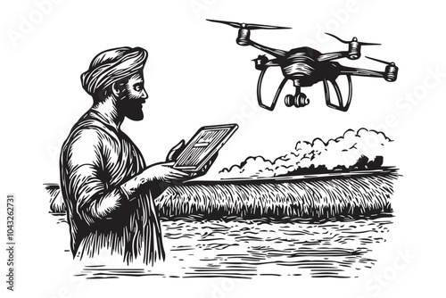  Indian Farmer Managing Crops with Drone Technology in Hand-Drawn Vintage Illustration