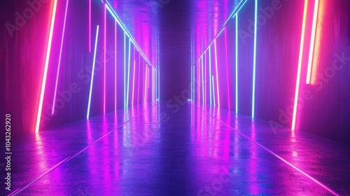 Panoramic 3D render of neon lights with glowing purple, violet, and pink lines under ultraviolet illumination