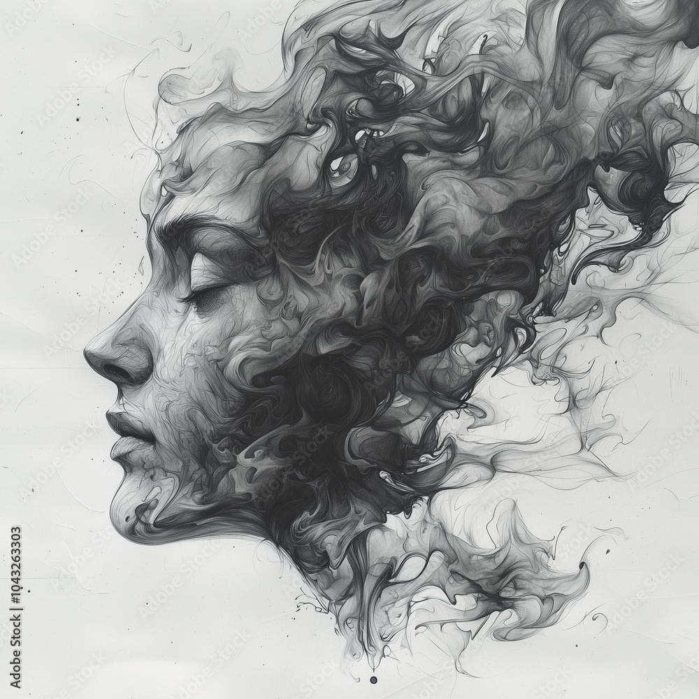 Fototapeta premium smoke flows like liquid around a woman's profile in a captivating monochrome artwork
