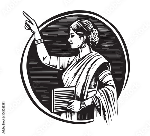  Indian Woman Teacher Holding Book and Pointing at Blackboard in Classic Illustration