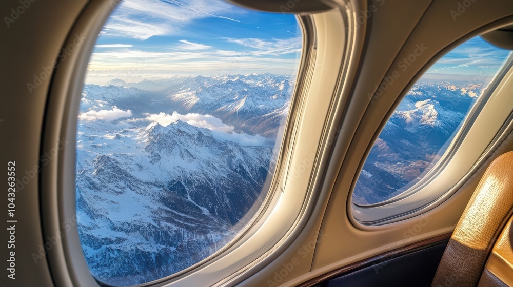 Fototapeta premium Panoramic View of Snow-Capped Mountains Seen from a Private Jet Window
