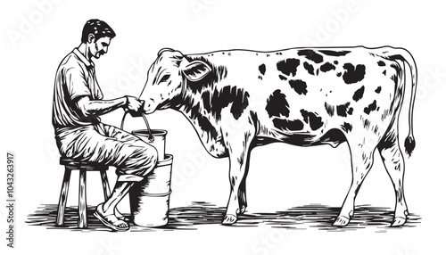 Indian Farmer Milking Cow - Vintage Black and White Woodcut Illustration