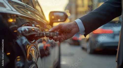 Man in a suit unlocking his luxury car with a key fob in a city setting at sunset