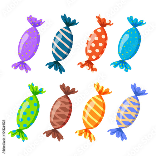 Various caramel and chocolate candies in colourful wrapper Vector illustration of lollipops in glossy wrappers Desserts sweets and treats. Isolated