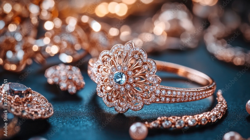A close-up view of intricate, rose gold jewelry featuring a decorative ring and various gems, set against a dark background. A close-up view of intricate, rose gold jewelry featuring a decorative ring and various gems, set against a dark background.