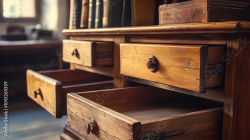 Vintage Wooden Desk with Open Drawers in a Room