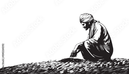 Black and White Illustration of Indian Farmer - Traditional Agricultural Woodcut