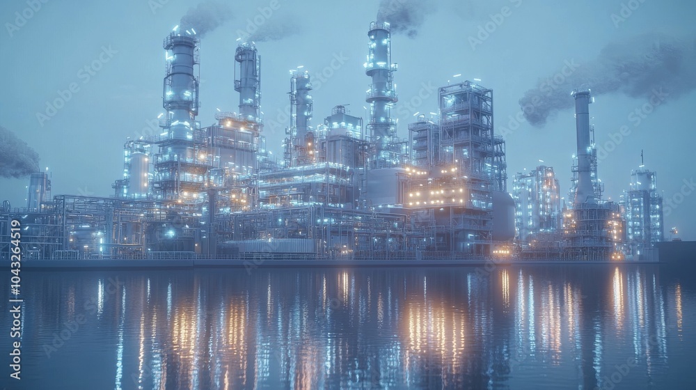 Dramatic view of an illuminated industrial refinery at dusk, reflecting on water, emitting smoke against a misty blue sky backdrop. Dramatic view of an illuminated industrial refinery at dusk, reflecting on water, emitting smoke against a misty blue sky backdrop.
