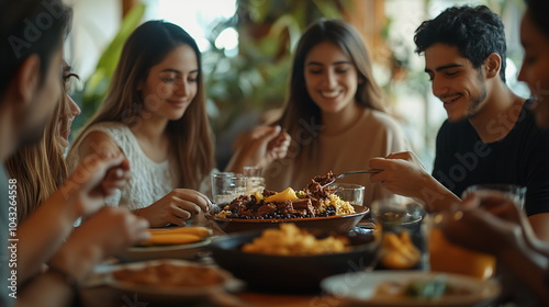 Diverse friends gathered around a table, eating Venezuelan pabellon criollo, a dish of shredded beef, black beans, rice, and plantains, in a cozy dining room. Hispanic heritage month tradition