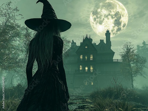 Mystical witch in silhouette against a spooky mansion backdrop photo