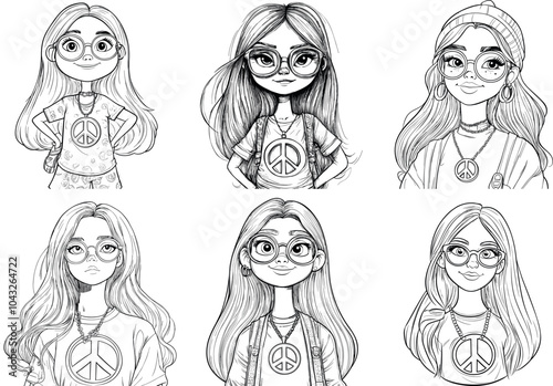 Six Character Illustrations of Girls Wearing Peace Symbols and Glasses in Casual Attire