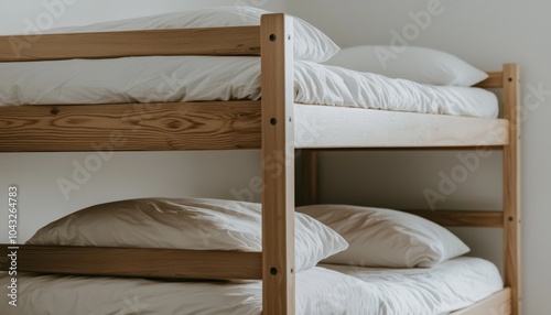 Bright hostel room with neatly arranged wooden bunk beds, emphasizing minimalist design, shared living spaces, and the comfort of budget accommodations photo