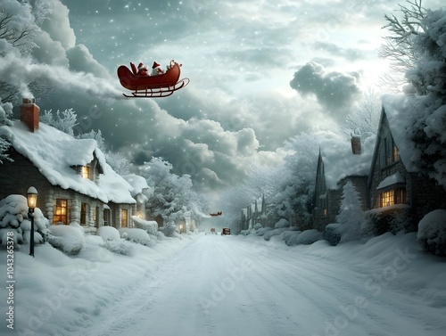 Santa s crimson red sleigh soaring through a crisp winter sky with reindeer pulling the magical carriage as glistening snowflakes swirl around  Below photo