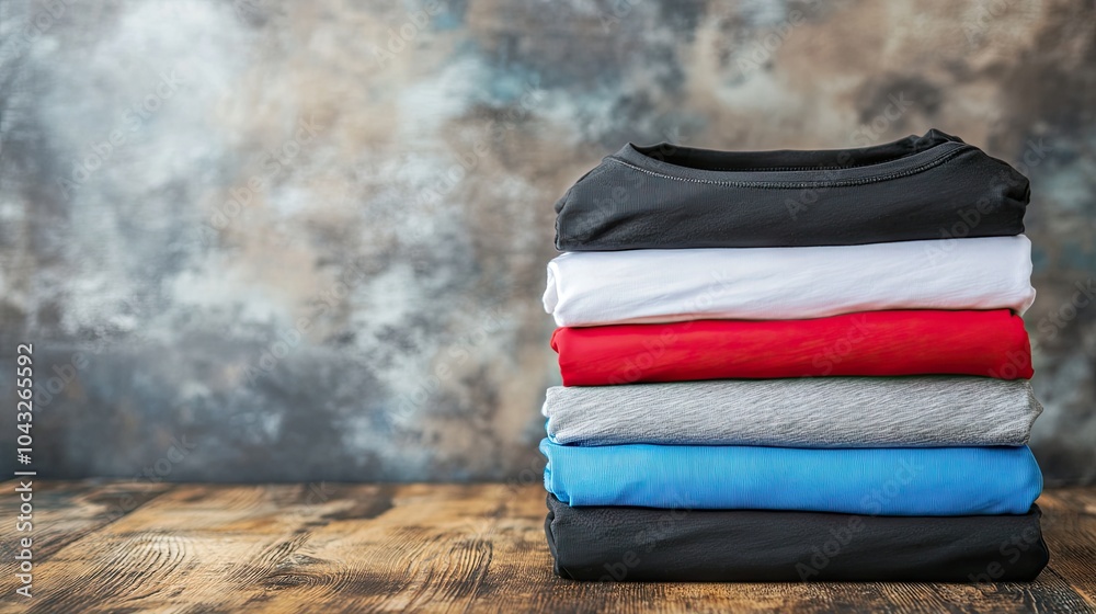 Stack of Colorful T-Shirts on Wooden Surface Stack of Colorful T-Shirts on Wooden Surface