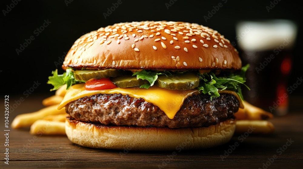 fast food on wooden tabletop. snack on the board: hamburger, french fries and tomato sauce fast food on wooden tabletop. snack on the board: hamburger, french fries and tomato sauce
