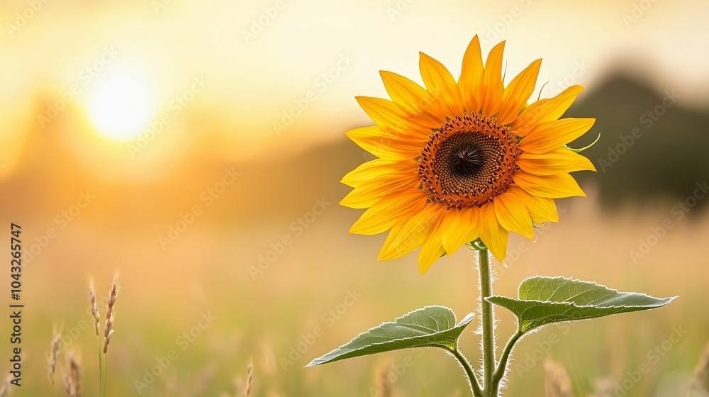 Fototapeta premium A vibrant sunflower stands tall in a sunlit field, radiating warmth and beauty as the sun sets in the background.