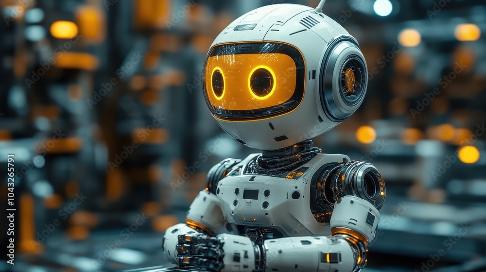 Futuristic Robot with Glowing Eyes in High-Tech Facility Futuristic Robot with Glowing Eyes in High-Tech Facility