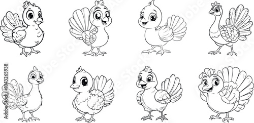 Cute Cartoon Birds in Various Poses and Expressions Ready for Coloring Fun