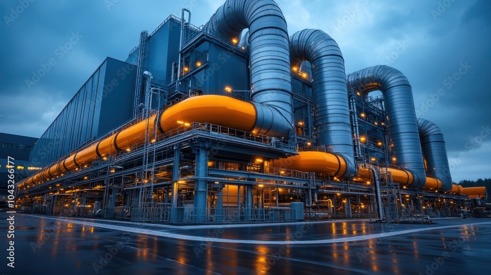 Fototapeta premium Futuristic Industrial Facility with Large Pipes and Mechanical Equipment