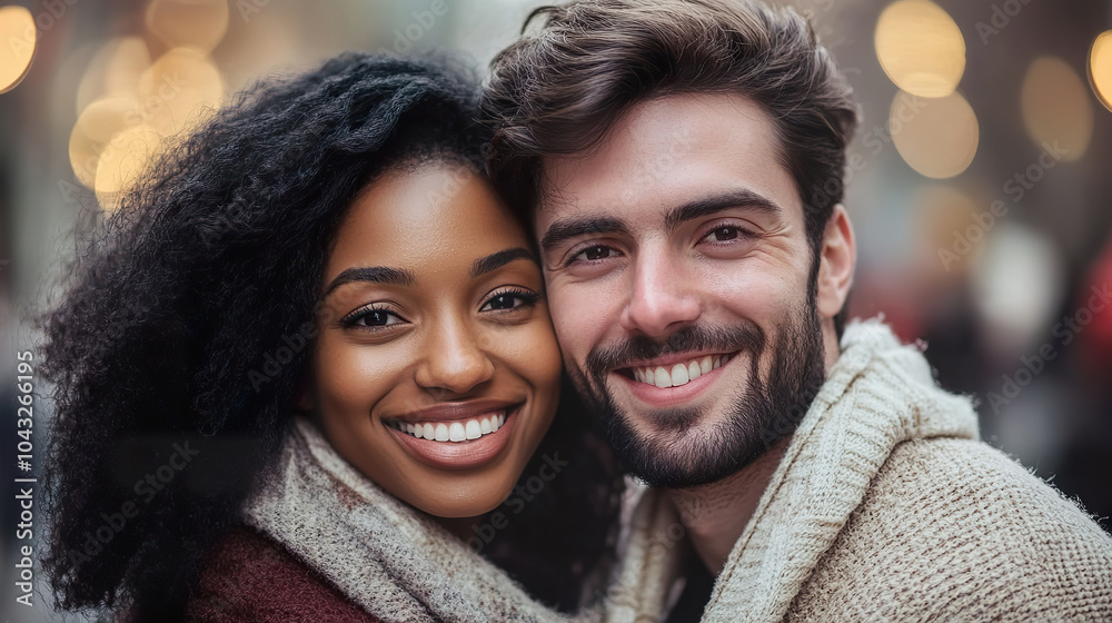 young happy multiracial couple street portrait in Christmas city