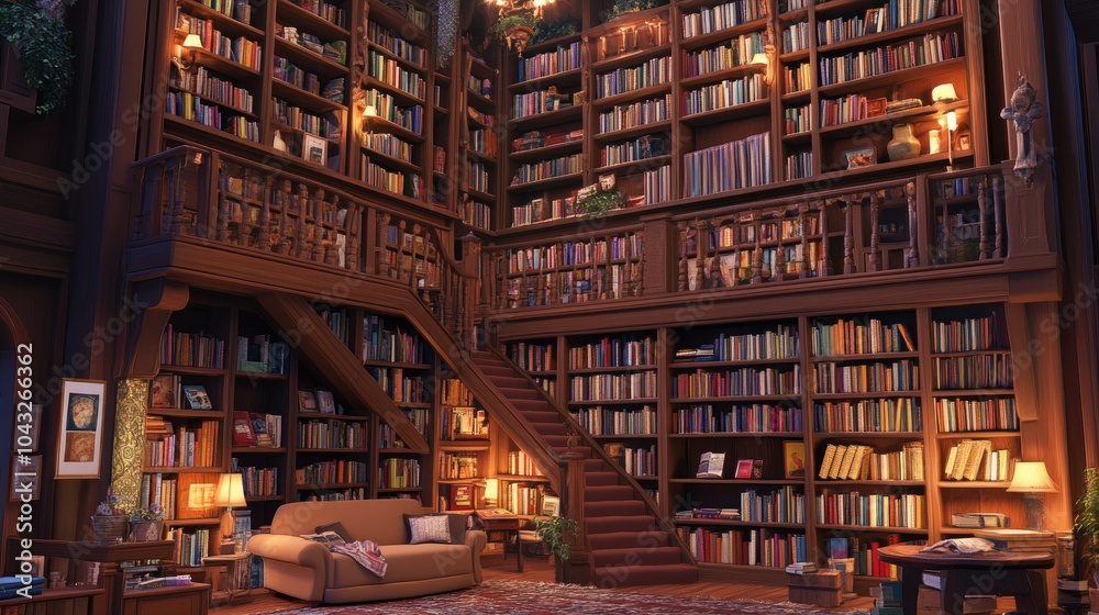 A beautiful, cozy library with towering bookshelves packed with books, a comfortable reading nook, and soft lighting, perfect for quiet contemplation. A beautiful, cozy library with towering bookshelves packed with books, a comfortable reading nook, and soft lighting, perfect for quiet contemplation.