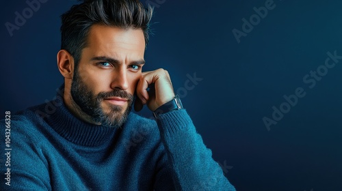 A stylish man in a knitted sweater gazes thoughtfully at the camera against a deep blue background, showcasing a contrast of colors and a contemplative expression.