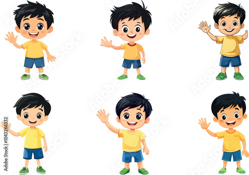 Cheerful Young Boy Character in Various Poses and Expressions on a Bright Background