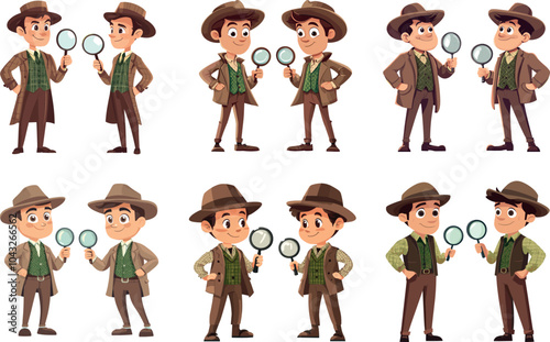 Animated Detective Character in Various Poses Holding a Magnifying Glass