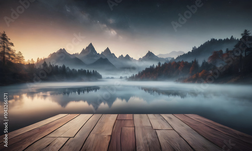 a wooden dock in front of a lake and mountains