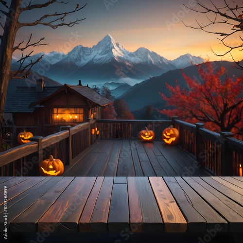 halloween pumpkins on a wooden deck with mountains in the background