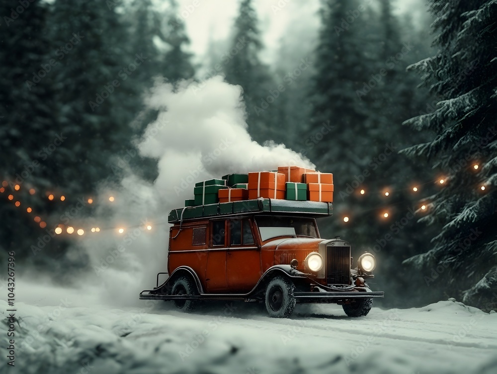 Sleigh Filled with Vibrant Festive Gift Boxes Traveling Through a Snowy Woodland Scene with a Cozy Cabin Nestled Among the Pine Trees Twinkling String Lights Sleigh Filled with Vibrant Festive Gift Boxes Traveling Through a Snowy Woodland Scene with a Cozy Cabin Nestled Among the Pine Trees Twinkling String Lights