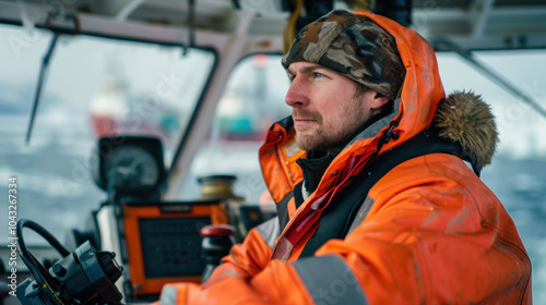 Focused Helicopter Pilot in Winter Gear Preparing for Flight. Arctic Navigation Specialist