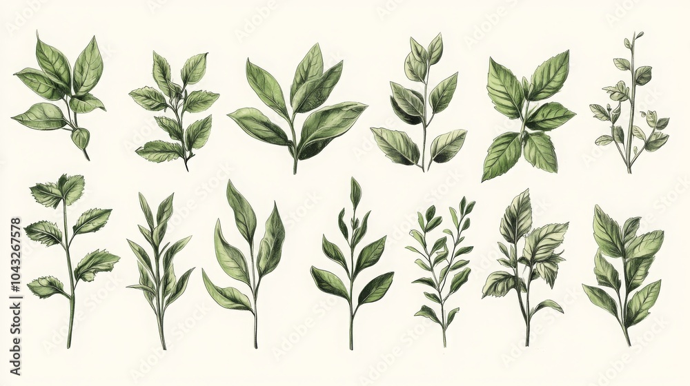Hand-Drawn Botanical Sketch Collection of Leaves Hand-Drawn Botanical Sketch Collection of Leaves