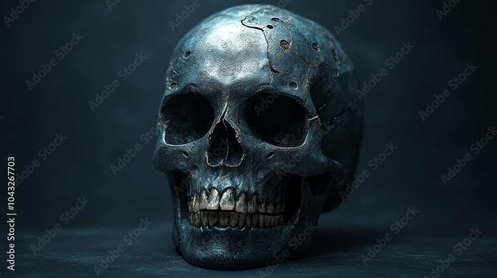 Obraz premium A skull with a silver tint and a black background