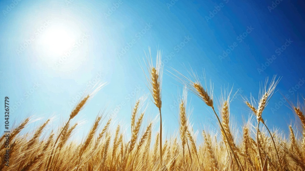 Obraz premium A breathtakingly expansive wheat field under a bright, clear blue sky, with the golden stalks waving gently in the wind.