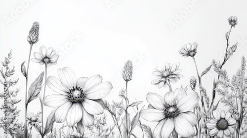 Black and white illustration of wildflowers blooming