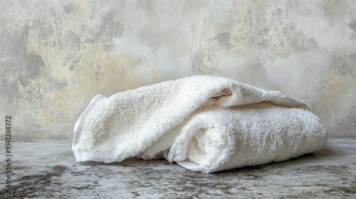 A charming side view of a white towel, crumpled and inviting, placed on a rustic surface, capturing the essence of comfort and relaxation