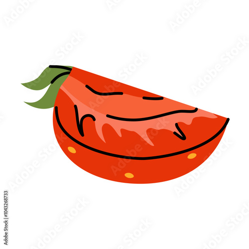Doodle strawberry illustration, split into half view with focus on pulp and leaves